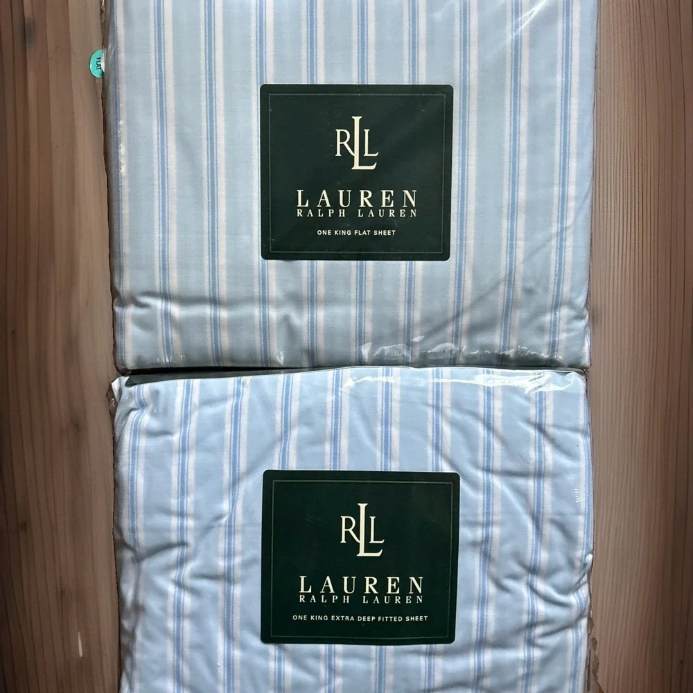 Vintage Lauren Ralph Lauren Jitney Stripe Blue Extra Deep Sheet/Flat Sheet King